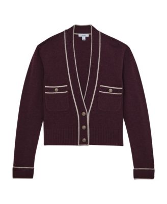 Women's Wool-Cashmere Tipped V-Neck Cardigan Sweater