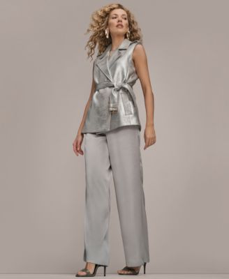 Women's Metallic Belted Sleeveless Vest, Beaded Top, and Wide-Leg Pants
