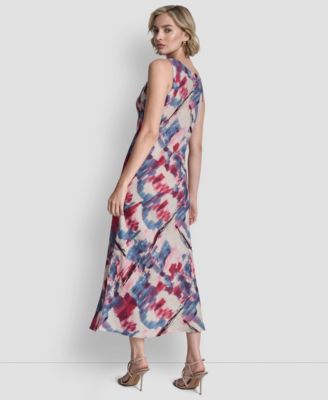 Women's Sleeveless V-Neck Panel Printed Dress
