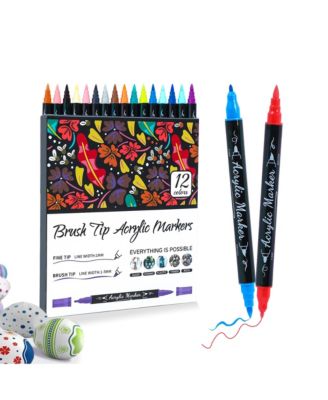 12 Colors Acrylic Paint Pens, Double Tip Waterproof Markers for Rock Painting, Canvas, Wood, Glass, Ceramic and Art Painting Supplies Kit