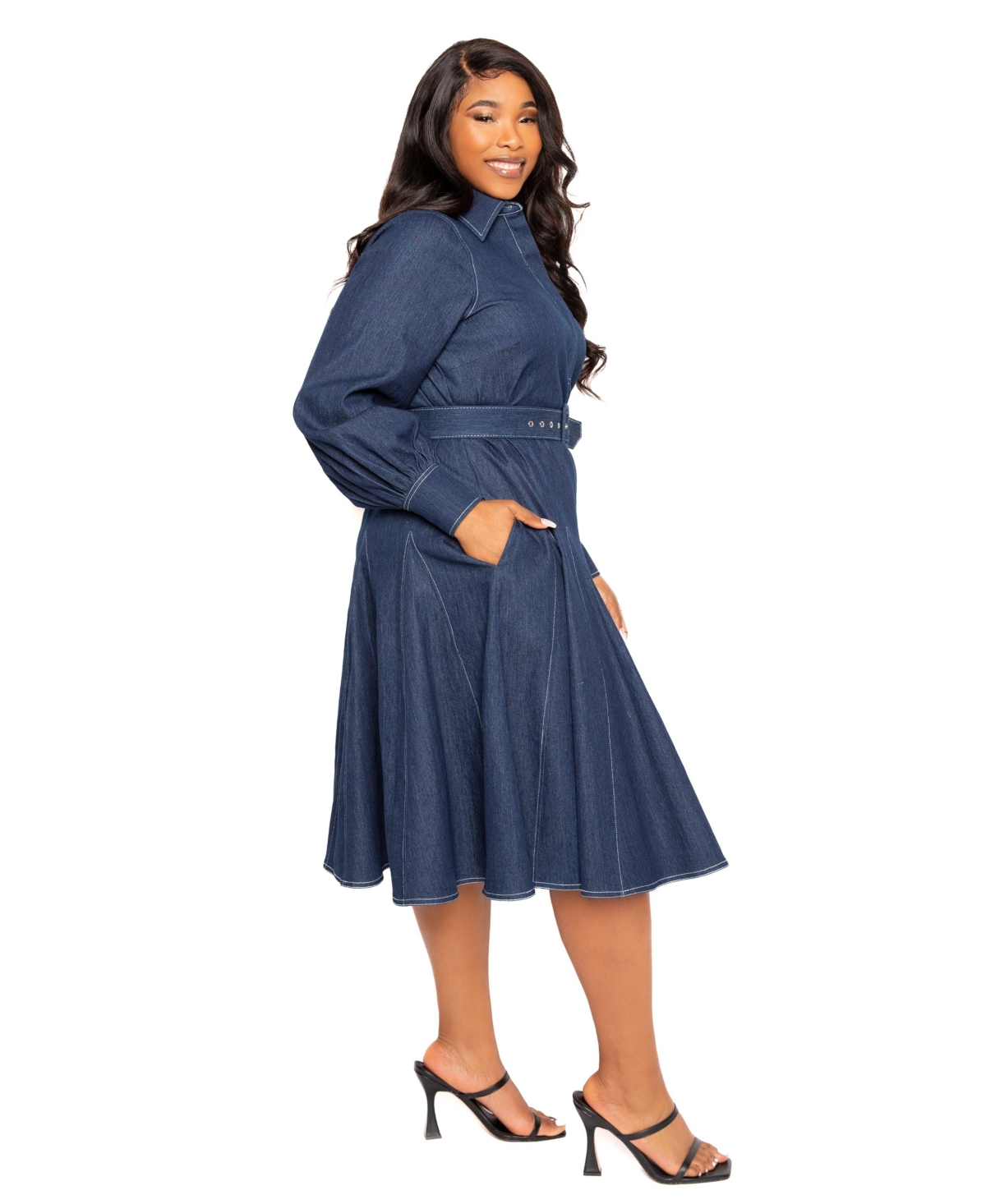 Buxom Couture Plus Size Denim Belt Shirt Dress
