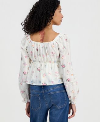 Juniors' Long-Sleeve Woven Peasant Top