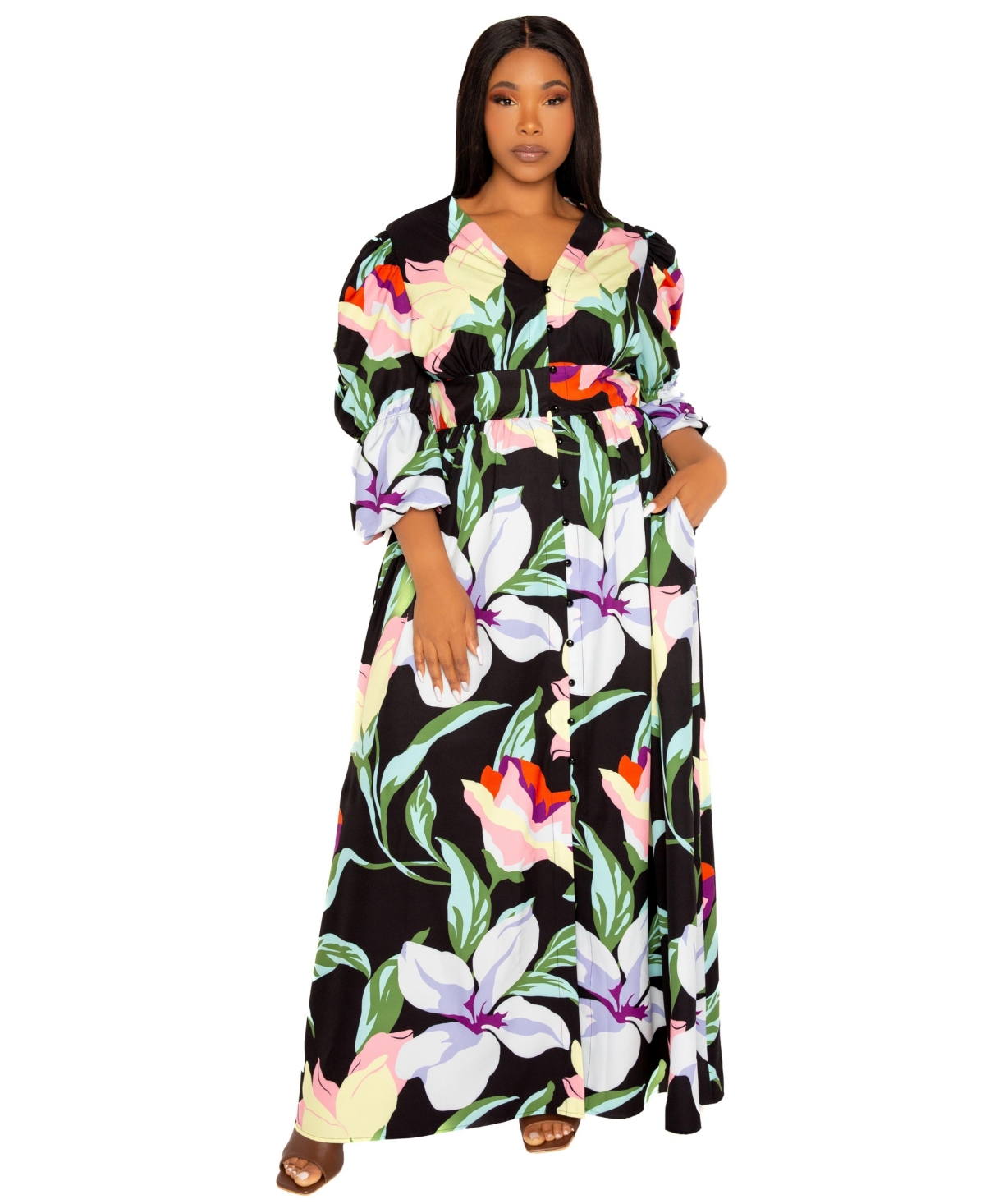 Buxom Couture Plus Floral Puff Sleeve Maxi Dress