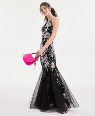 Juniors' Halter-Neck Floral Sequin Mermaid Gown