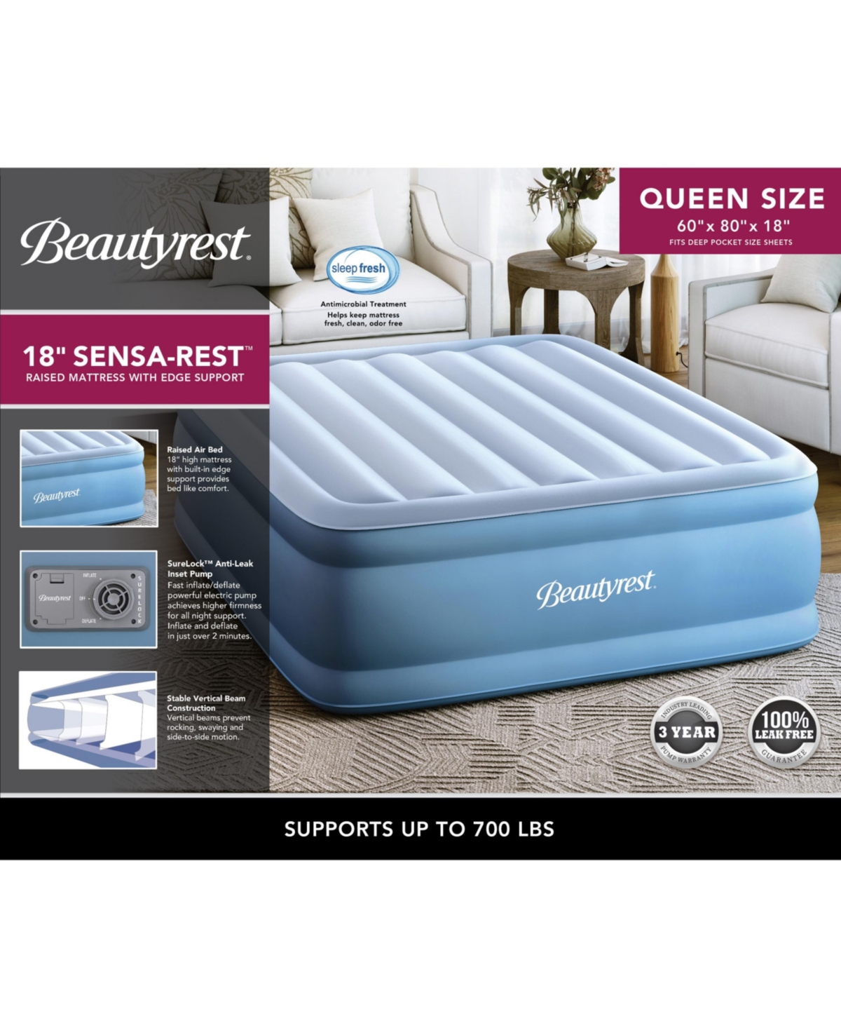 Beautyrest Sensarest Raised Inflatable Air Mattress with Built-In Pump, Queen