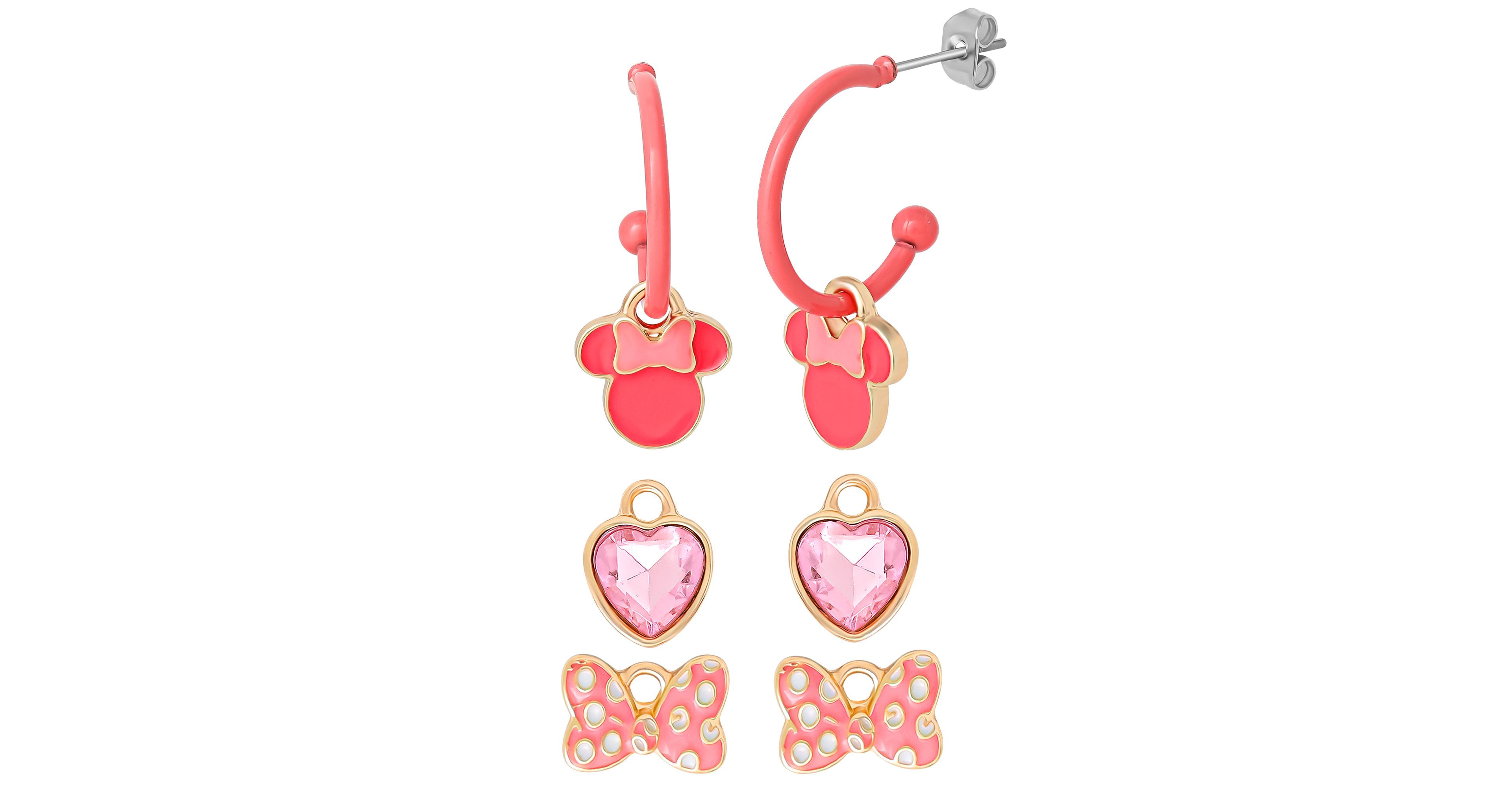 Disney Minnie Mouse Pink Bow Charm Hoop Earring Set, 3 Charms and 1 Hoop
