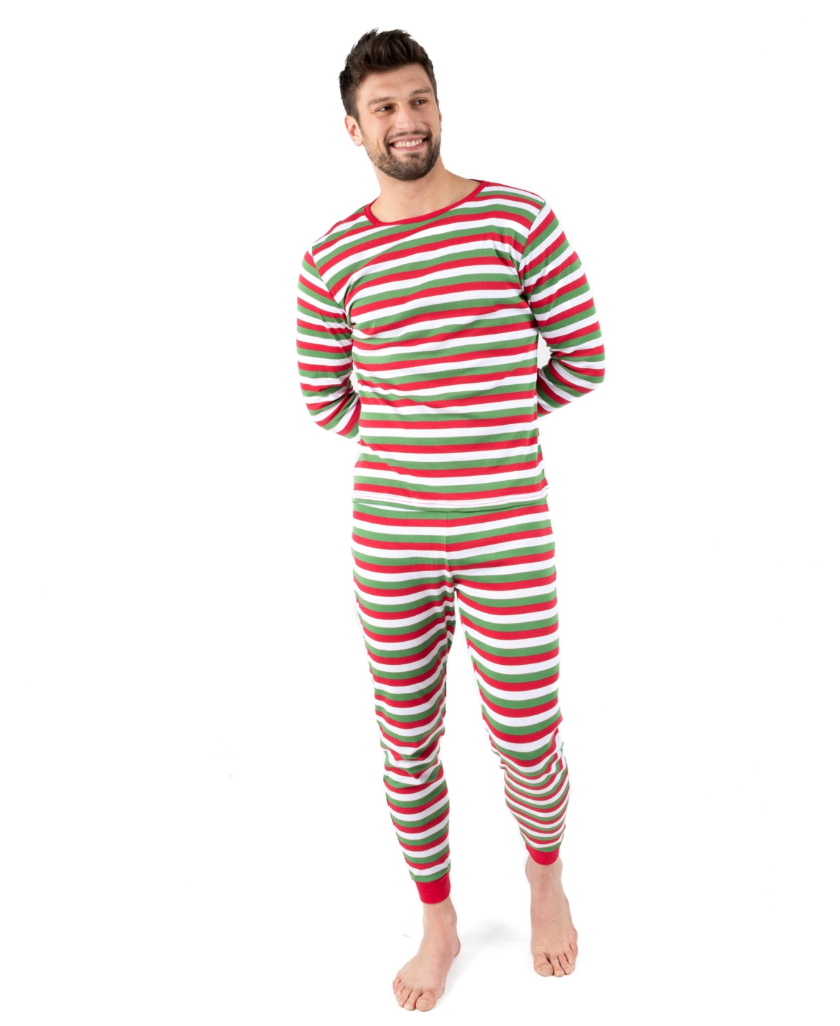 Leveret Men's Big & Tall Two Piece Cotton Striped Holiday Pajamas - Red white  green
