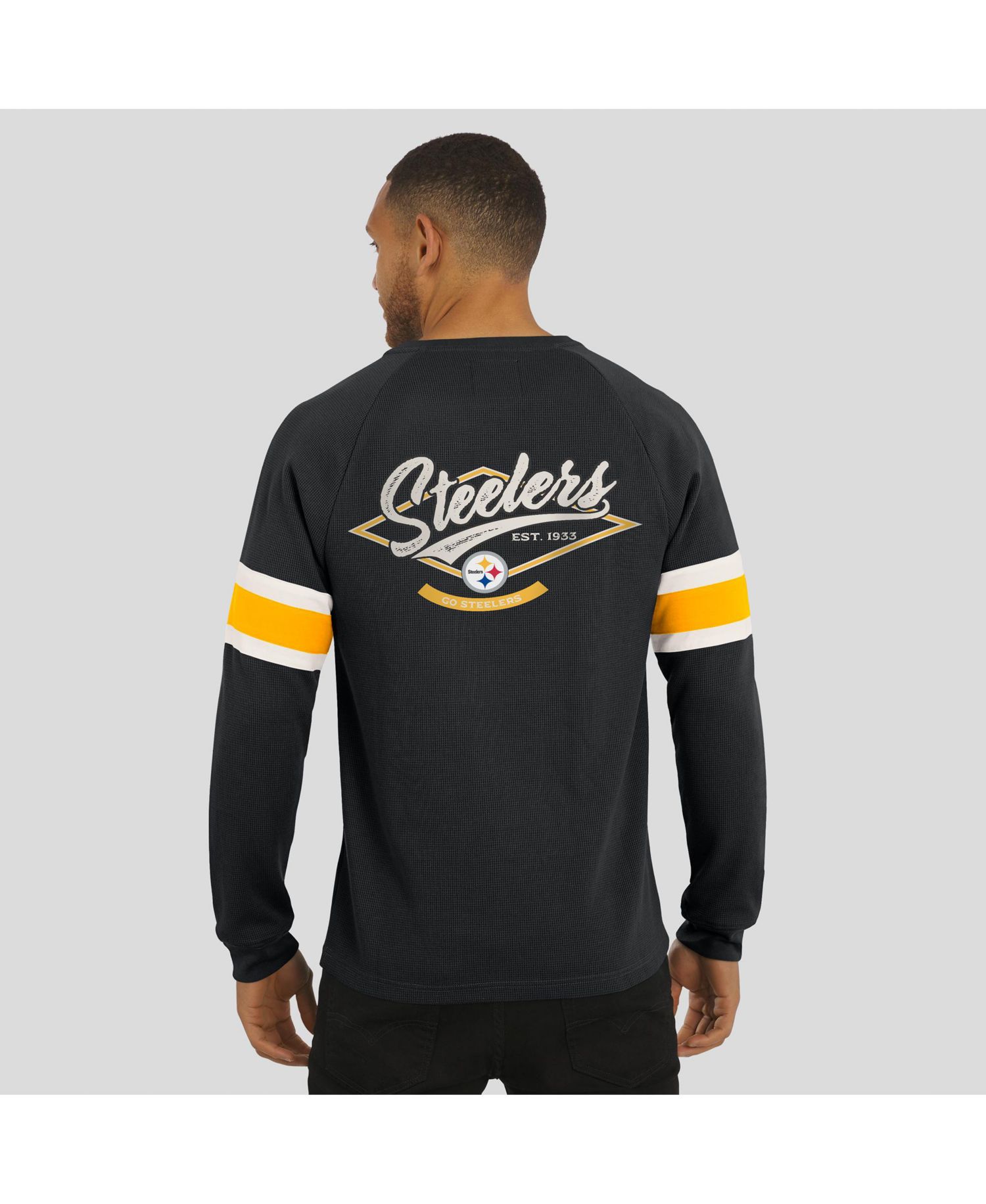 Men's Black Pittsburgh Steelers Waffle-Knit Raglan Long Sleeve Henley T-Shirt
