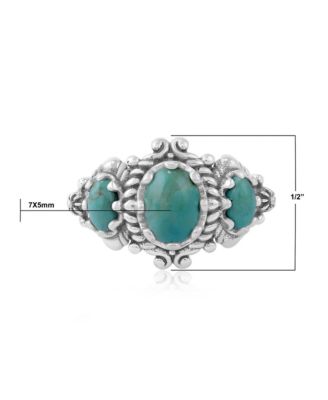 Sterling Silver Green Turquoise 3-Stone Oval Scalloped Bezel Ring, Sizes 5 to 11
