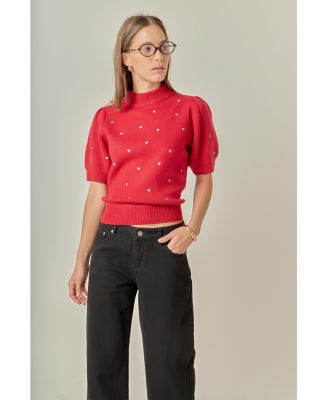 Women's Heart Women's-Embroidered Puff Sleeve Knit