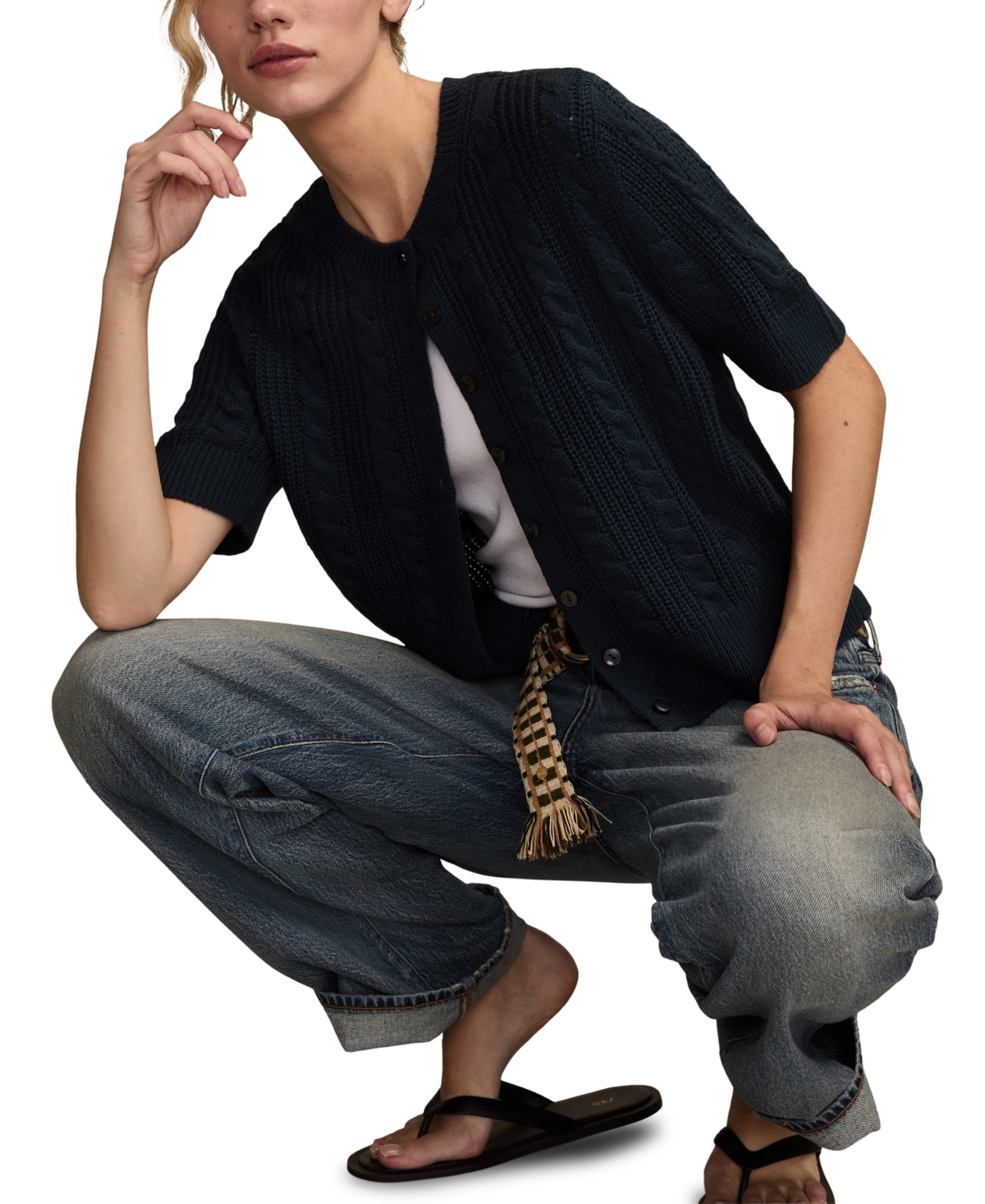 Lucky Brand Women's Short-sleeve Cable Cardigan In Blue