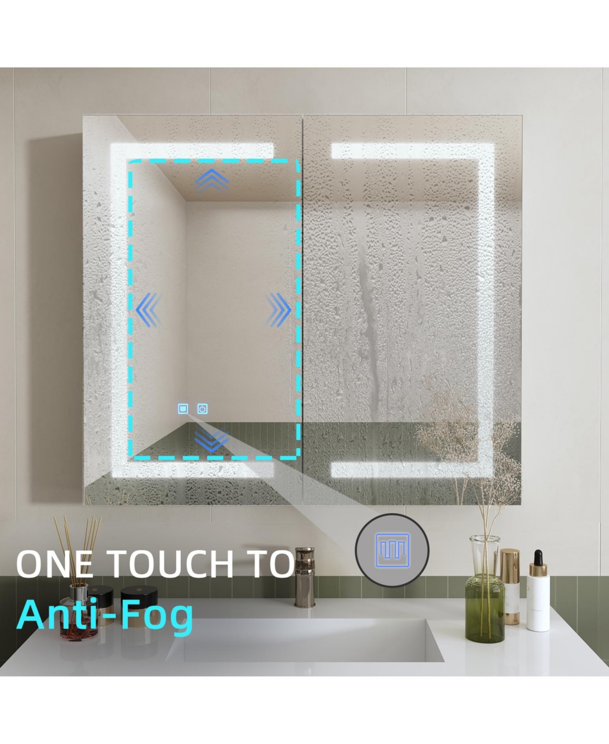 Bathroom Wall Cabinet with Mirror, Dimmable Lights, Frameless Surface Mount