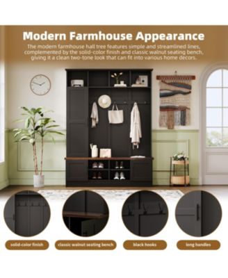 Versatile 3-in-1 Hall Tree with 6 Hooks Walnut Storage Bench 55" Entryway Coat Rack