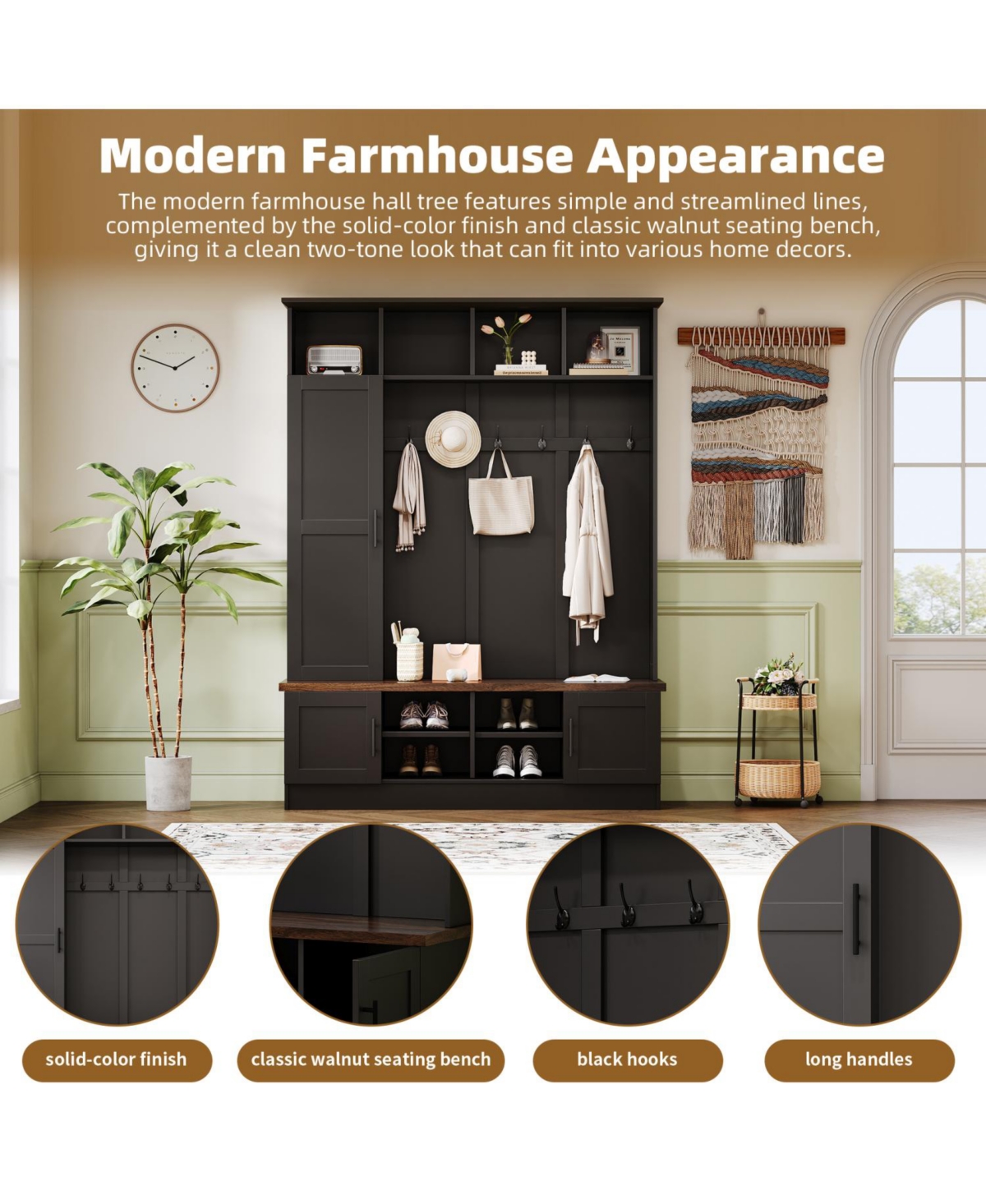 Streamdale Furniture Versatile 3-in-1 Hall Tree with 6 Hooks Walnut Storage Bench 55" Entryway Coat Rack