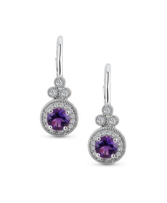 Art Deco Style Halo Circle Circlet Solitaire Synthetic Purple Amethyst Drop Earrings Sterling Silver