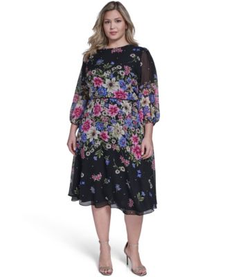 Jessica Howard - Plus Size Jewel Neck Balloon Sleeve Midi Dress