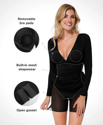 Women's Shapewear Long Sleeve V-Neck Ruched Bodycon Midi Dress