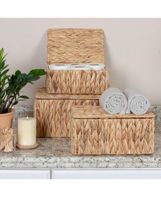 Rectangular Water Hyacinth Nesting Basket Set with Lid
