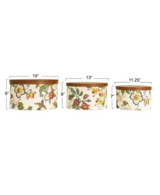 Floral Nestable Hat Boxes with Lids, Cream and Blue, Set of 3