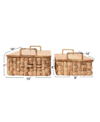 Stackable Hyacinth Baskets with Oak Lids, Set of 2