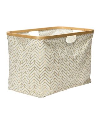 Bamboo Rimmed Krush Container Basket with Cut Out Handles, Tan Chevron