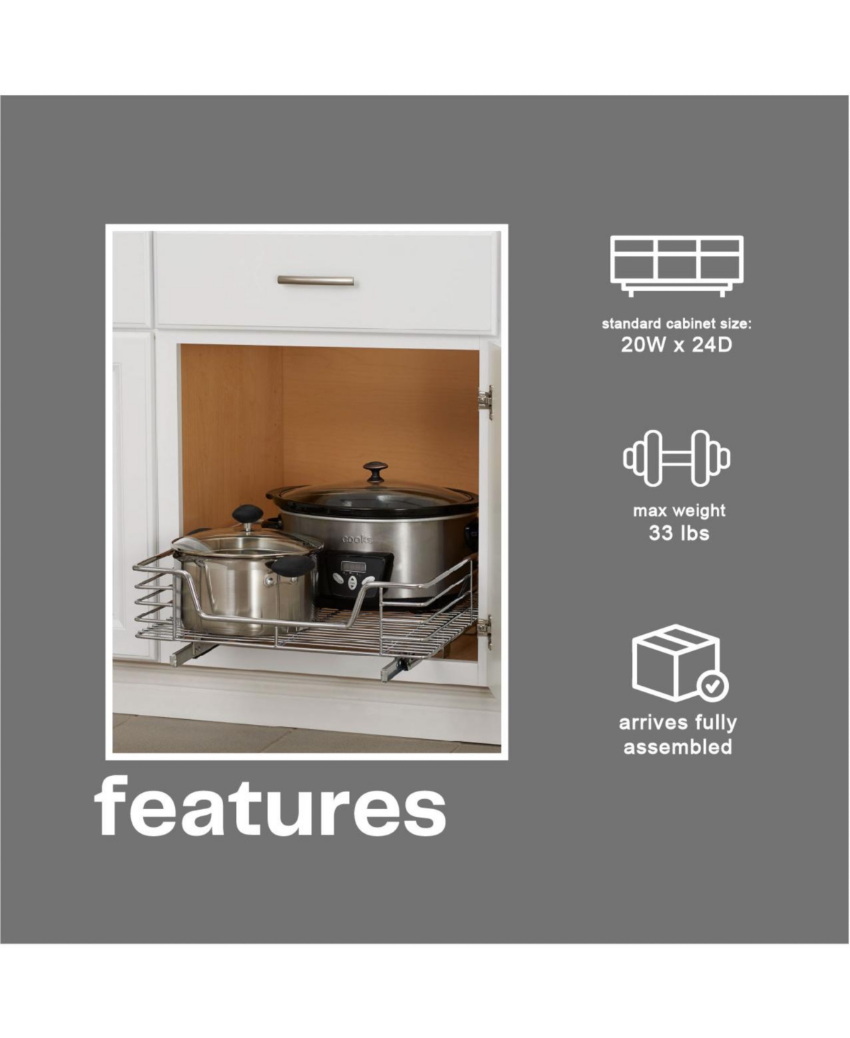 Household Essentials Glidez 20" W Steel Pull-Out Storage Organizer, 1-Tier Design, Chrome