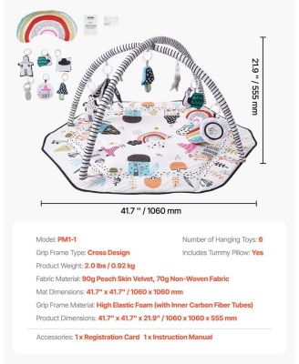 Baby Activity Gym Mat with 6 Hanging Toys for Tummy Time