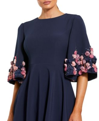 Women's Crepe 3/4 Sleeve A-line Gown With Flower Trim