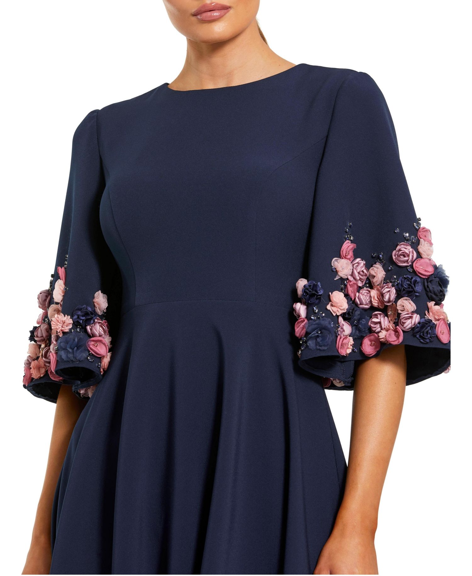 Women's Crepe 3/4 Sleeve A-line Gown With Flower Trim