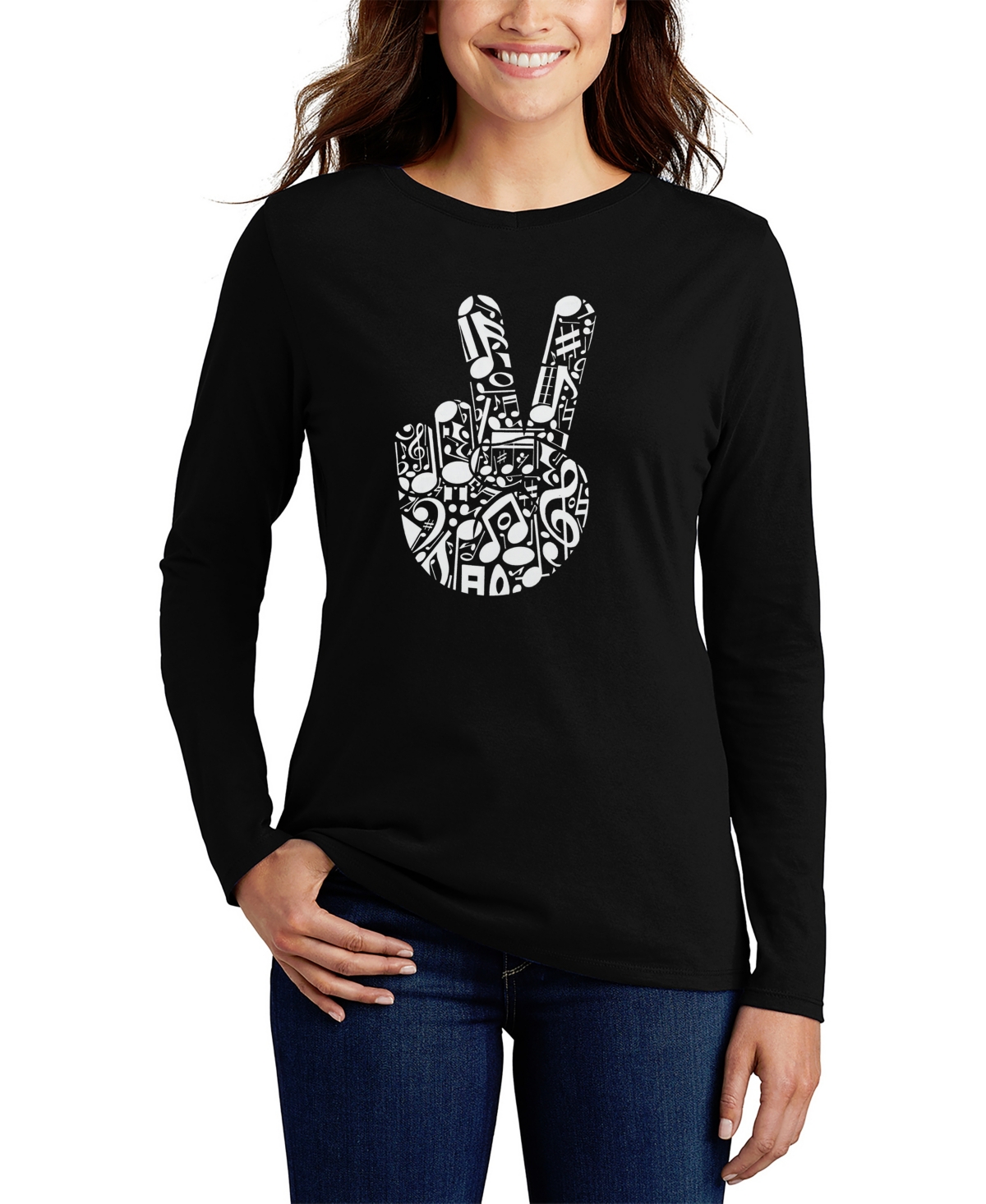 La Pop Art Women's Peace Finger Notes Word Art Long Sleeve T-shirt In Black