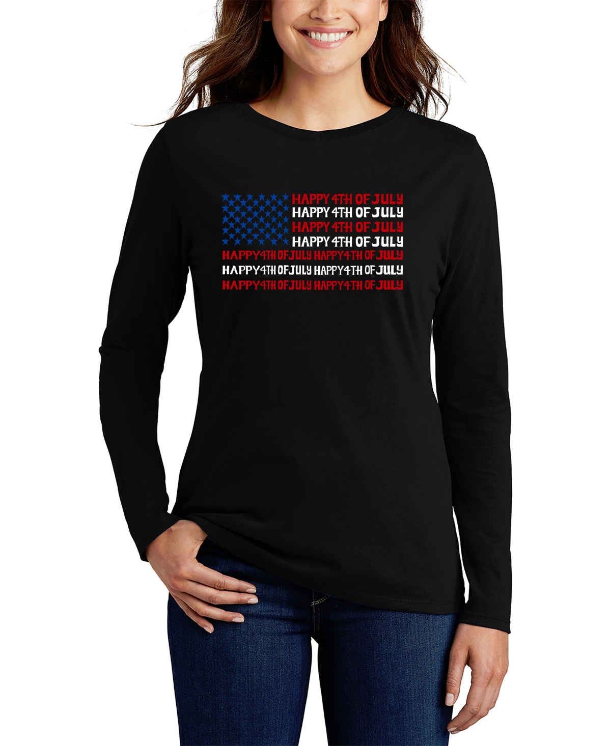 La Pop Art Women's Happy 4th Of July Word Art Long Sleeve T-shirt In Black