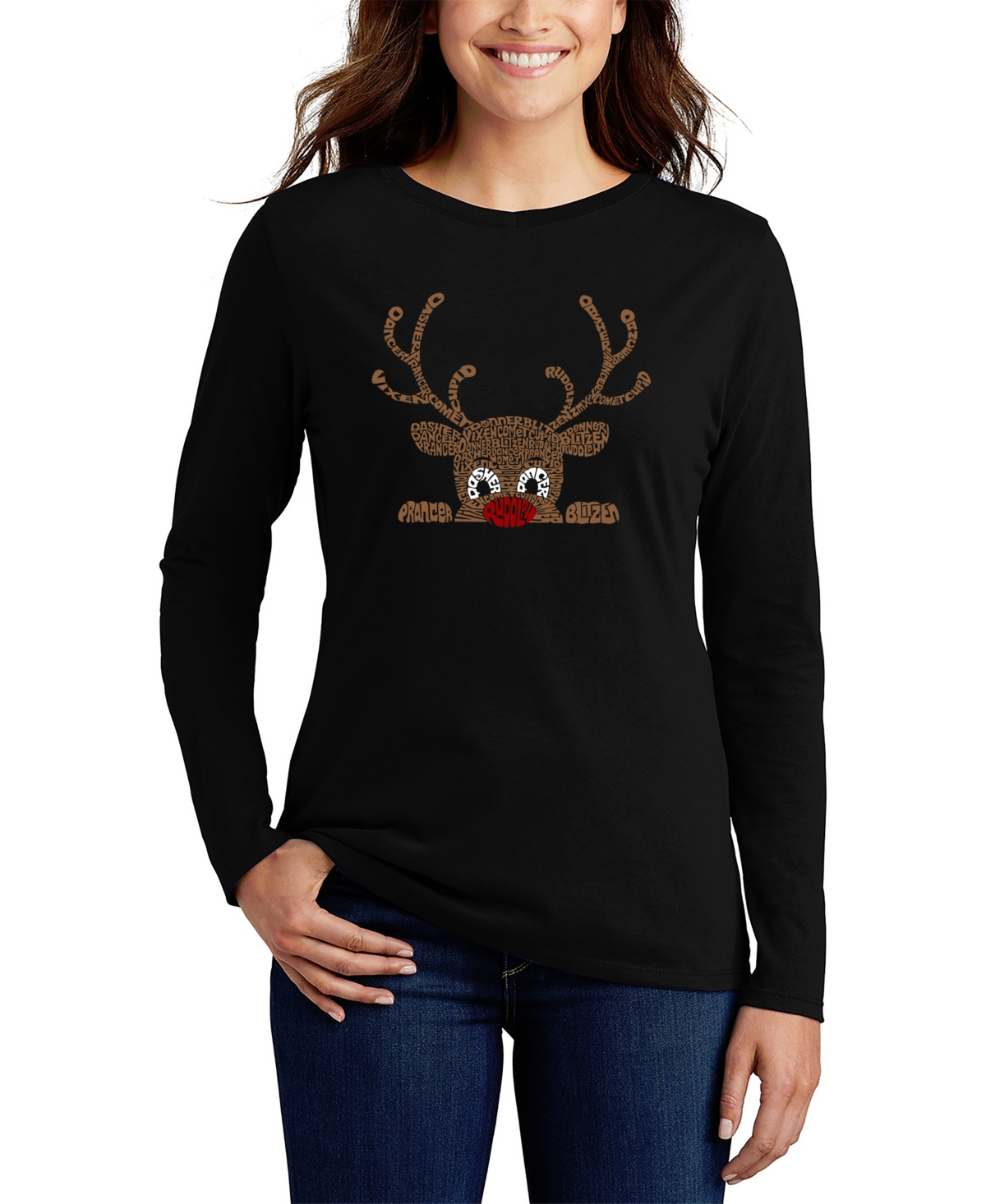 La Pop Art Women's Peeking Reindeer Word Art Long Sleeve T-shirt In Black