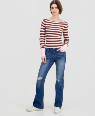 Juniors' Boat-Neck High Rib Start Striped Sweater