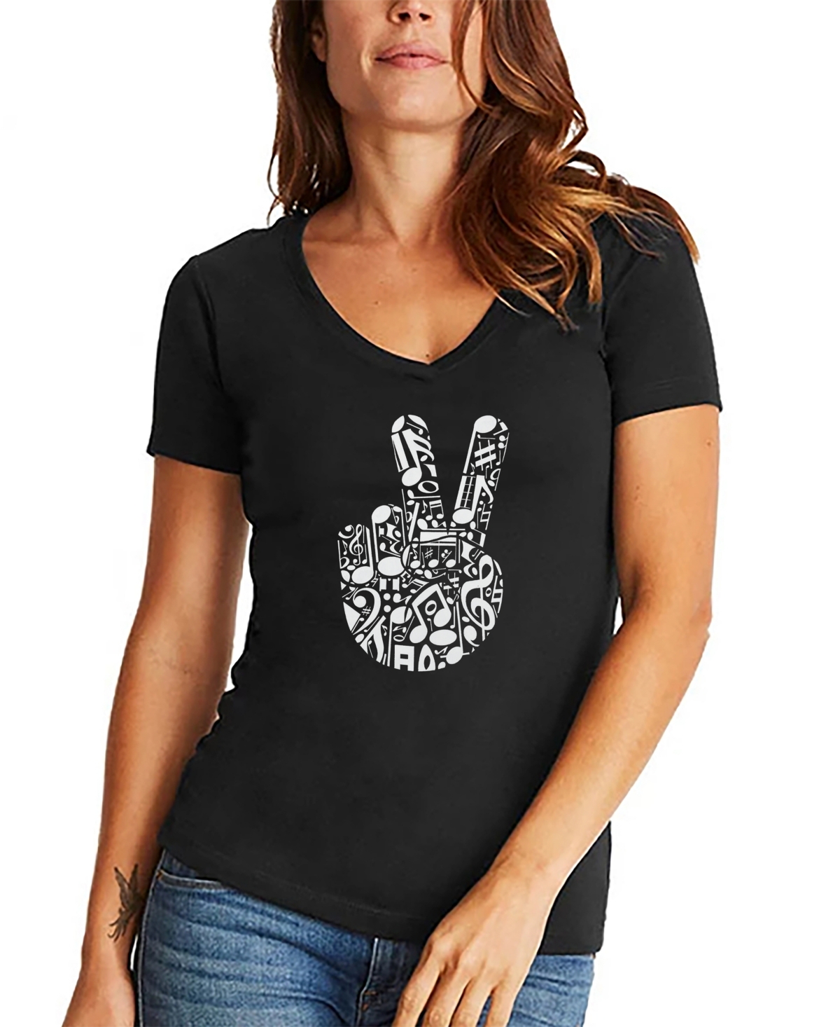 La Pop Art Women's Peace Finger Notes Word Art V-neck T-shirt In Black