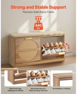 Entryway Shoe Bench with Flip Drawer and Rattan-Style Rack