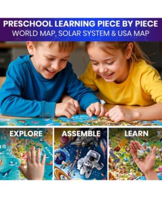 100 Puzzles for Kids Ages 4-8 – Glow-in-The-Dark USA Map World Map and Solar System – Geography Learning Toys - 3 SET Educational Puzzles