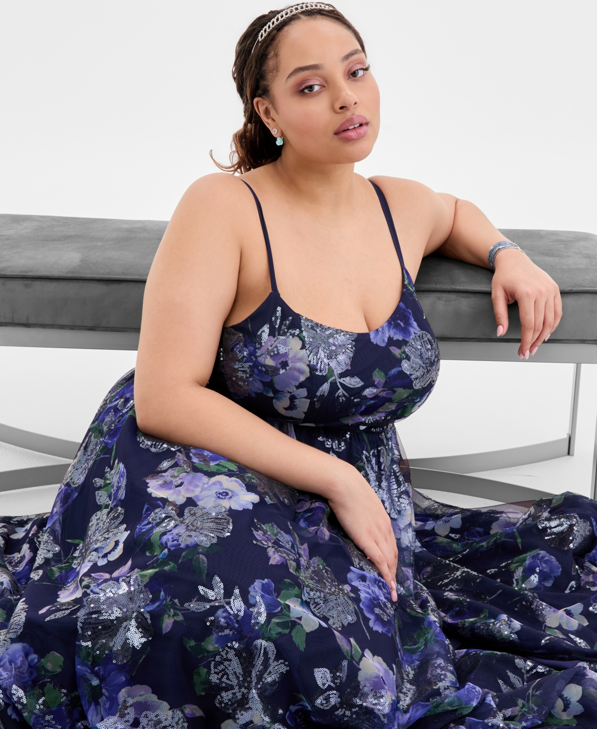 City Studios Trendy Plus Sequined Floral Ball Gown