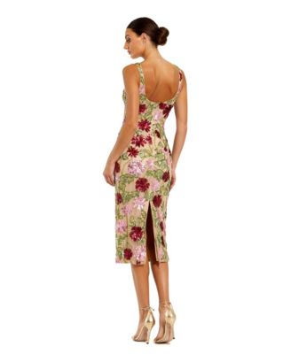 Women's Floral Beaded Mesh Scoop Neck Fitted Midi Dress