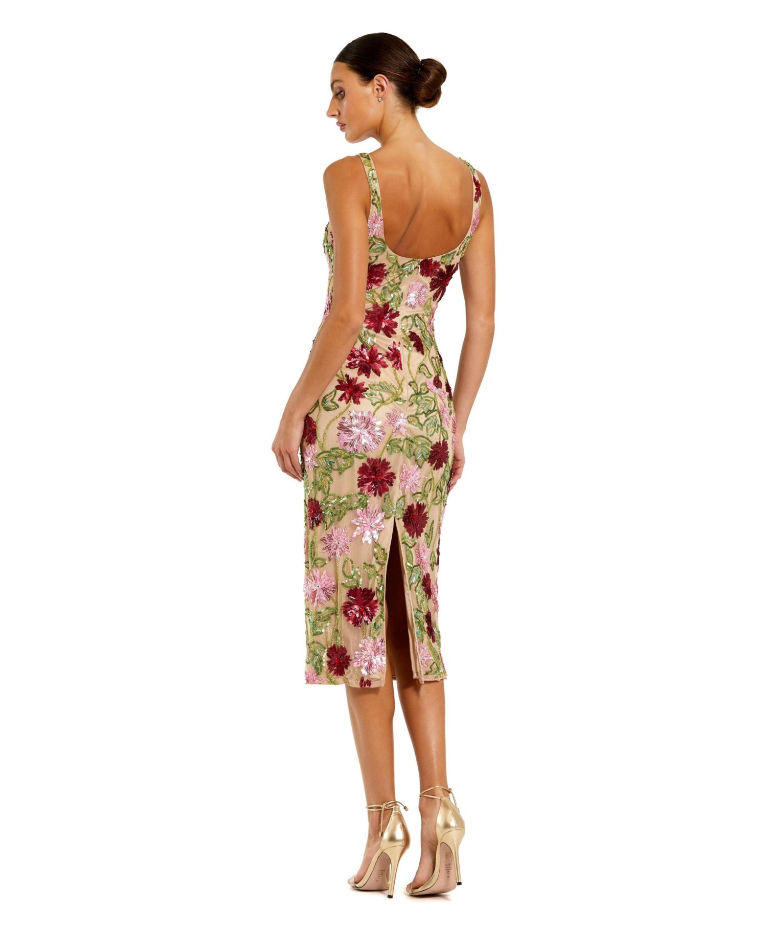 Women's Floral Beaded Mesh Scoop Neck Fitted Midi Dress