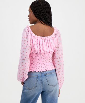 Juniors' Smocked Tie-Neck Top