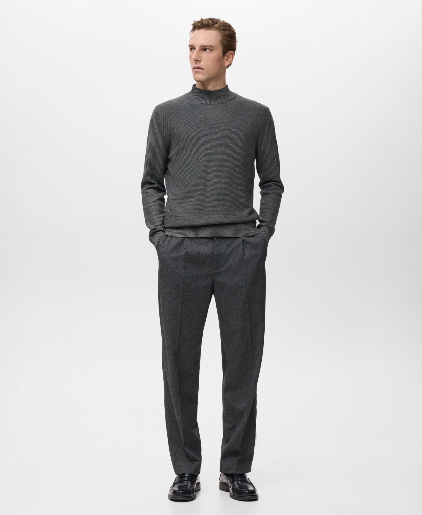 Мужской свитер MANGO Structured Perkins-Neck, цвет: Тёмный меланжевый серый — фото 2