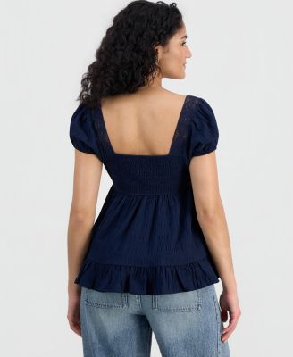Juniors' Ribbon-Trim Puff-Sleeve Peasant Top