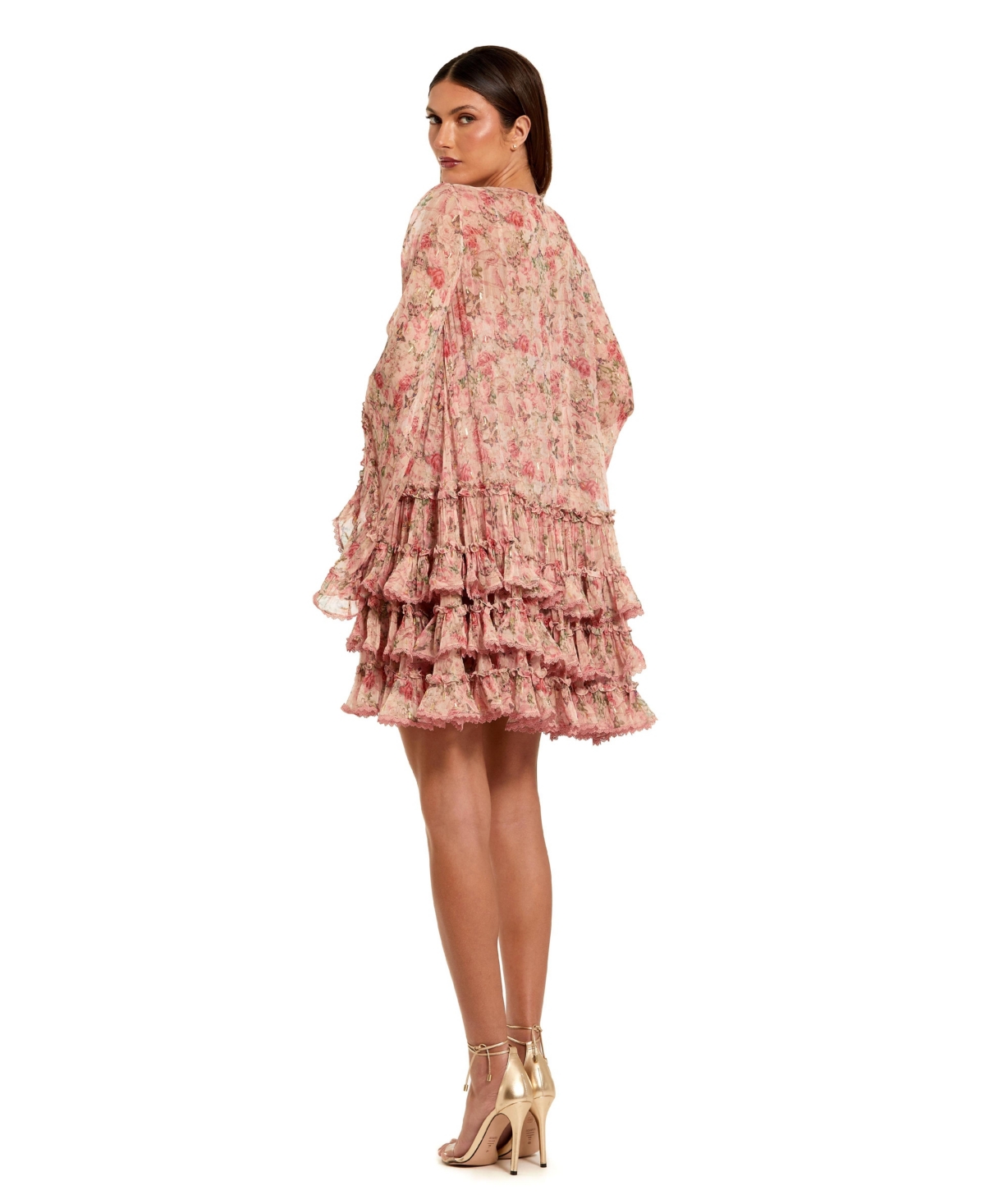 Mac Duggal Women's Floral Long Sleeve Ruffle Viscose Mini Dress