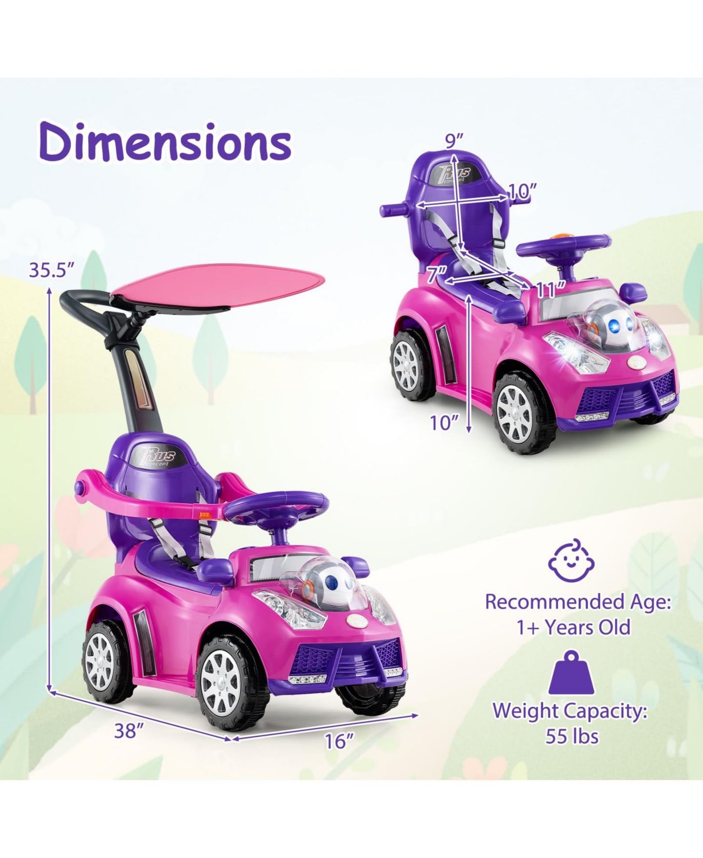 Детская игрушка Mecale 3-in-1 Push Car with Adjustable Canopy Ride-On, Ages 1+, цвет: Розовый — фото 2