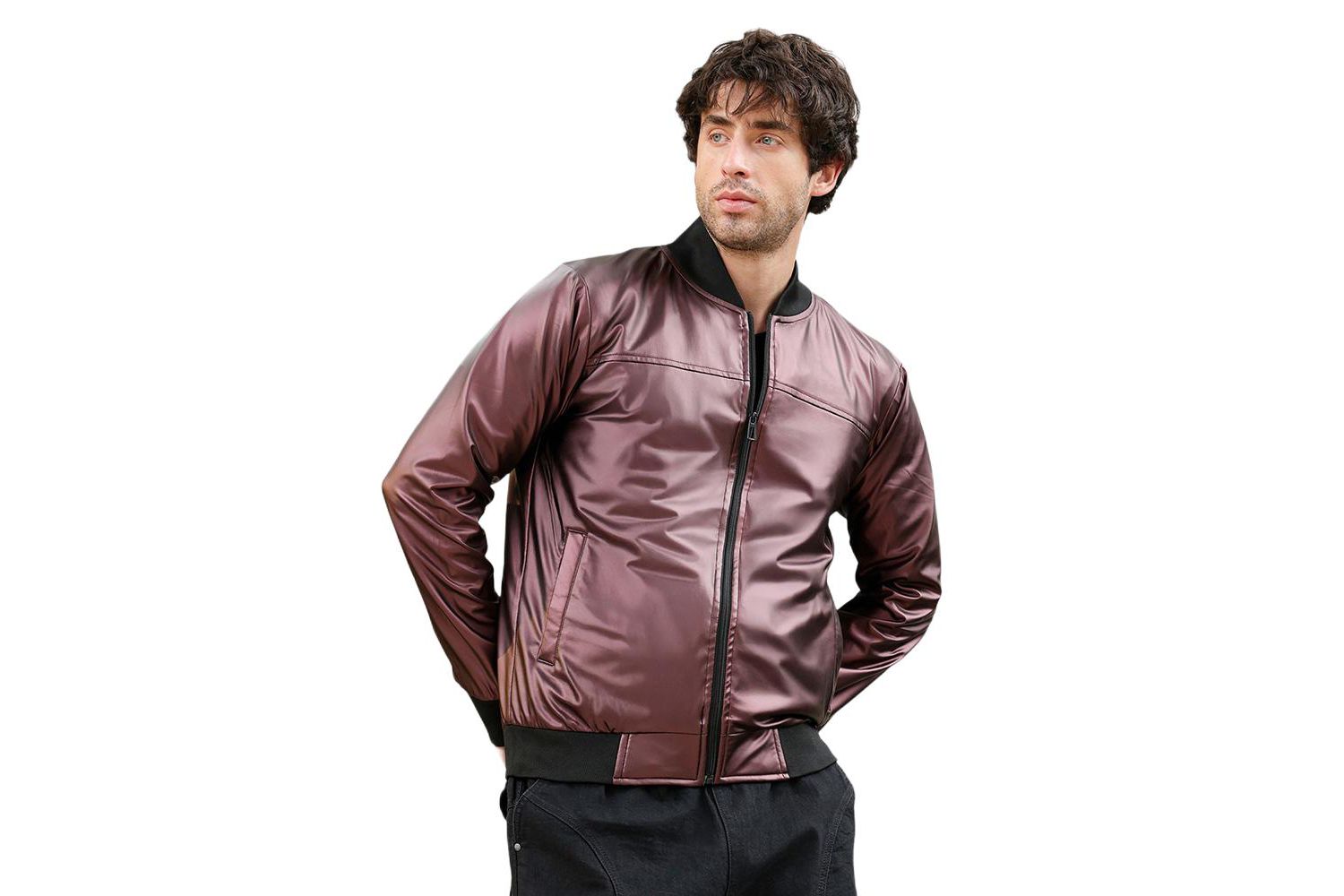 Men's Men's Chocolate Brown Patent-Panel Bomber Jacket