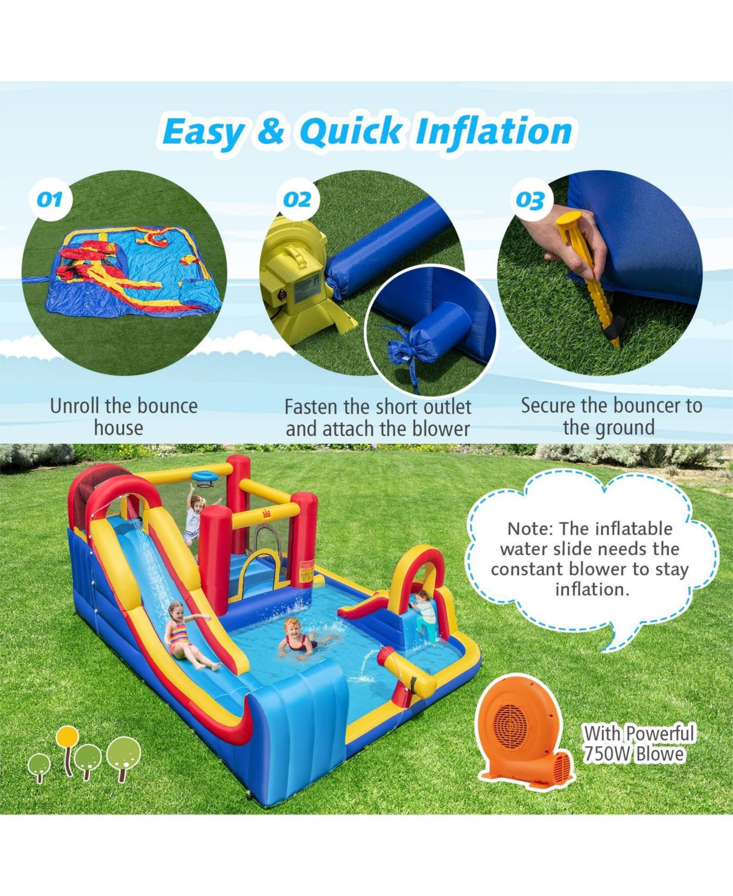 Детские игрушки INOLAIT 7 in 1 Outdoor Inflatable Bounce House with Water Slides, Splash Pools and 750W Blower for Kids — фото 4