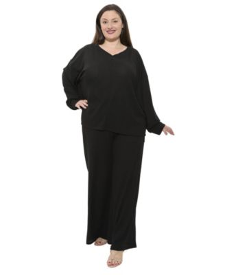Plus Size V-Neck Long Sleeve Soft Waffle Knit Top and Pant Set