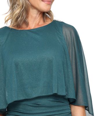 Women's Sparkle Mesh Capelet Ruched Gown