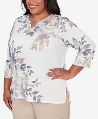 Plus Size Comfort & Joy Asymmetrical Floral Border Crew Neck Top