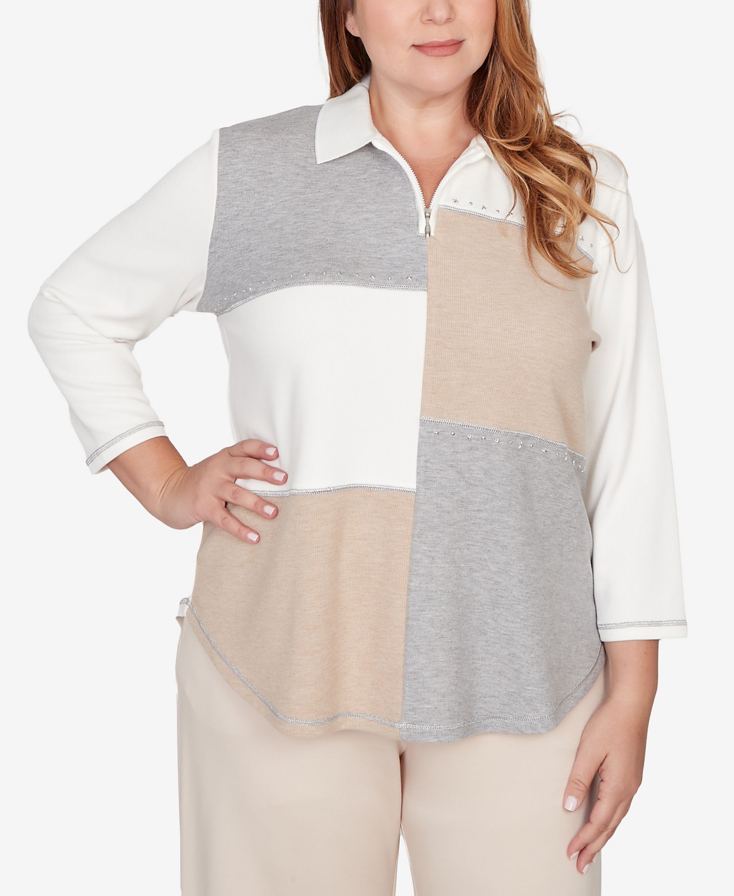 Plus Size Comfort & Joy Colorblock Quarter Zip Patchwork Top